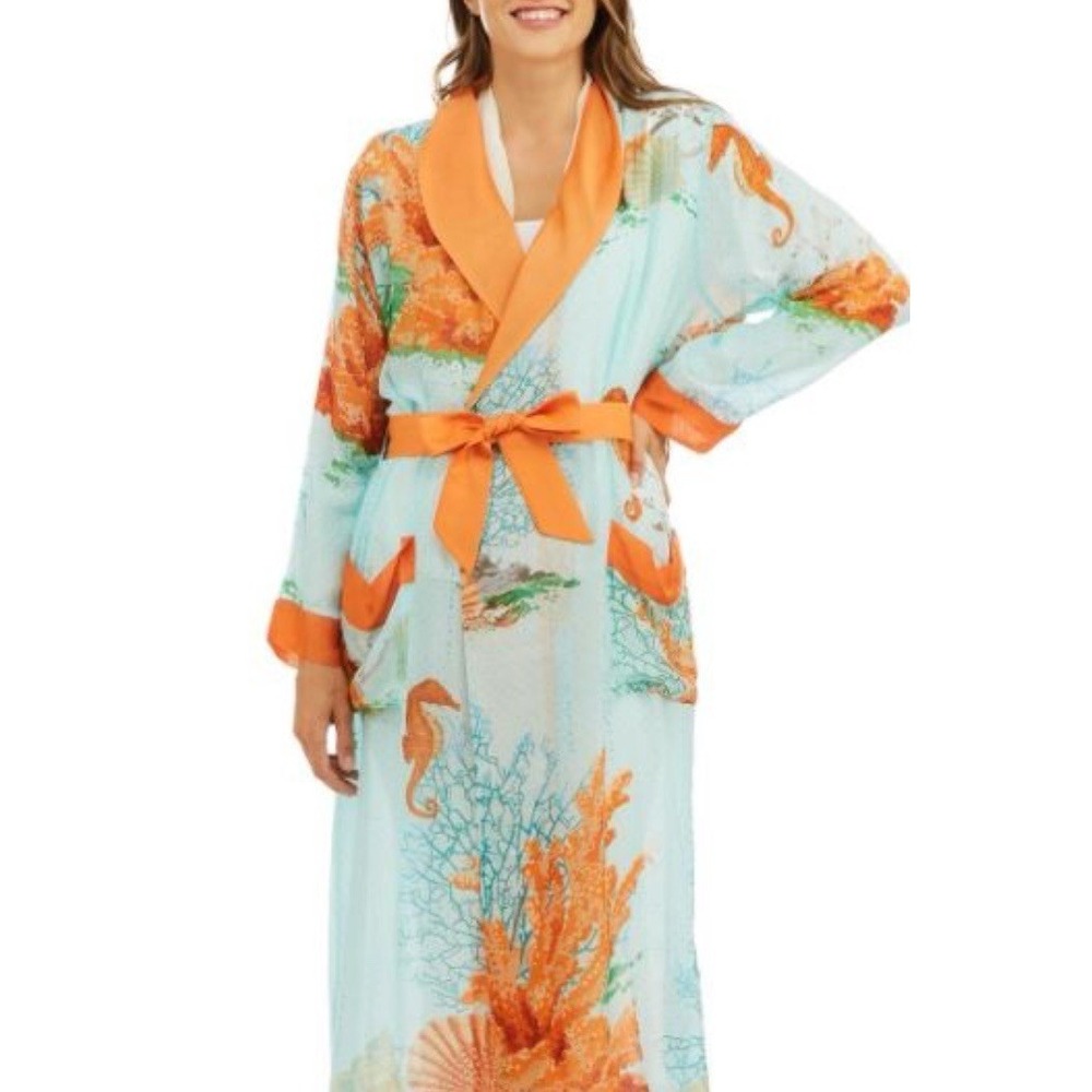 One Hundred Stars Duster Robe Kimono Dressing Gown One Size Orange Blue Sea Life